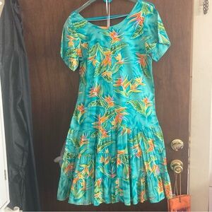 Tropical Floral Dress in Blue and Orange